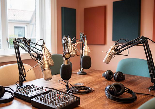 Podcaststudio in Castricum met vier microfoons, koptelefoons en een mengpaneel rond een houten tafel